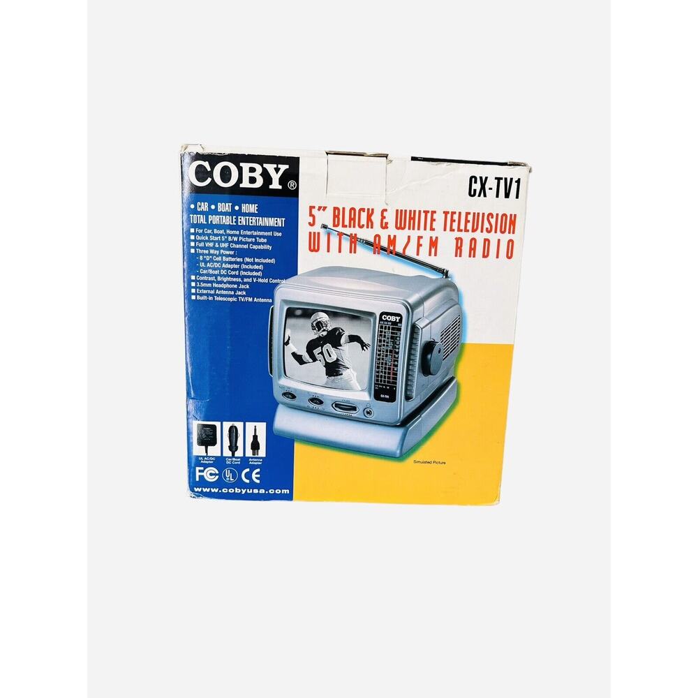 Vintage 2003 Coby CX-TV1 5” B&W TV AM/FM Radio Rare Portable Battery Operated